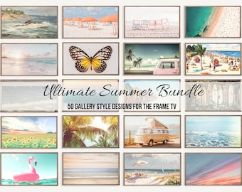May include: A collage of 16 images featuring various summer themes, including beaches, palm trees, surfboards, a pink van, a butterfly, and a flamingo float. The text "Ultimate Summer Bundle" and "50 Gallery Style Designs for the Frame TV" is displayed at the bottom of the collage.