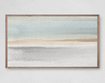 May include: Abstract painting with horizontal stripes of light blue, beige, and gray. The painting is framed in a light brown wood frame.
