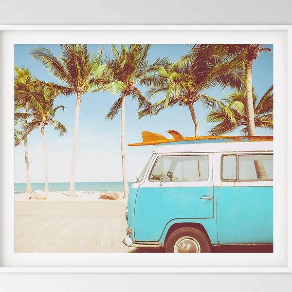 Retro Surf by the Sea, Retro Surf Van Print, Printable, Beach Wall Decor, Beach Print, Hawaii Print, Vintage Surfboard, VW Van, Surfing