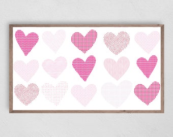 May include: A framed print with 16 pink and white hearts with different patterns. The hearts are arranged in a grid pattern.