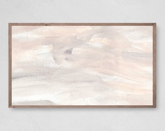 May include: Abstract painting in a wooden frame with soft, muted tones of pink, white, and gray. The painting has a textured, brushstroke effect.