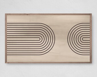 Könnte beinhalten: Gerahmter Kunstdruck mit abstrakter Kunst. Er zeigt zwei halbkreisförmige Designs aus schwarzen, gebogenen Linien auf beigem Hintergrund. Der helle Holzrahmen eignet sich für moderne Wohnkultur.
