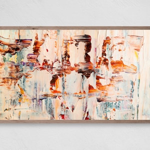 May include: Abstract painting with a white background and colourful brushstrokes in shades of orange, red, brown, and blue.