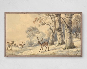 Vintage Deer Painting, Winter Forest Scene, Samsung Frame TV Art (Digital Download)
