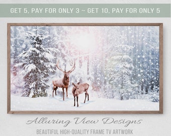 Christmas Deer Samsung Frame TV Art, Winter Snow Scene (Digital Download)