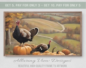Thanksgiving Turkey Frame TV Art, Autumn Pumpkin Landscape (Digital Download)