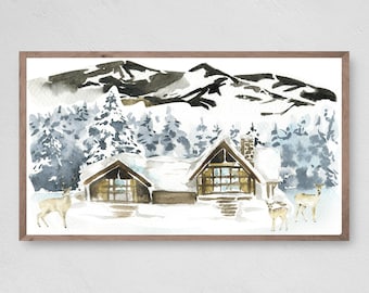 Winter Cabin Samsung Frame TV Art, Snowy Mountain Landscape (Digital Download)