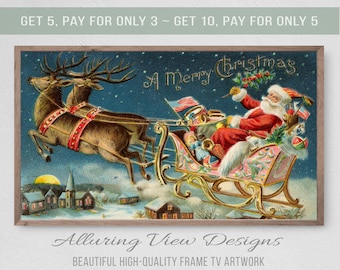 Samsung Frame TV Art Christmas, Vintage Santa&#39;s Sleigh Blue, Instant Download, Winter, Christmas, Santa, Frame TV Art, Samsung Art TV