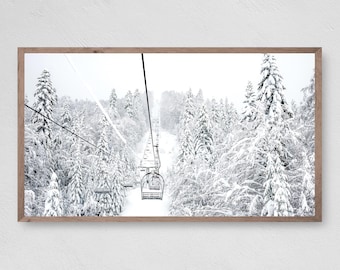 Snowy Ski Lift Frame TV Art, Winter Forest Scene (Digital Download)