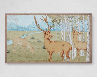 Vintage Deer Samsung Frame TV Art, Forest Scene (Digital Download)