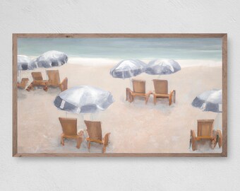 May include: A painting of a beach scene with blue and white striped umbrellas and wooden chairs. The chairs are facing the ocean and the umbrellas are providing shade.