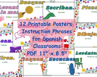 12 Spanish Instruction/Direction Vocabulary Posters 11&quot;x8.5&quot; PDF Classroom Decor