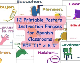 12 Spanish Instruction/Direction Vocabulary Posters 11&quot;x8.5&quot; PDF Classroom Decor