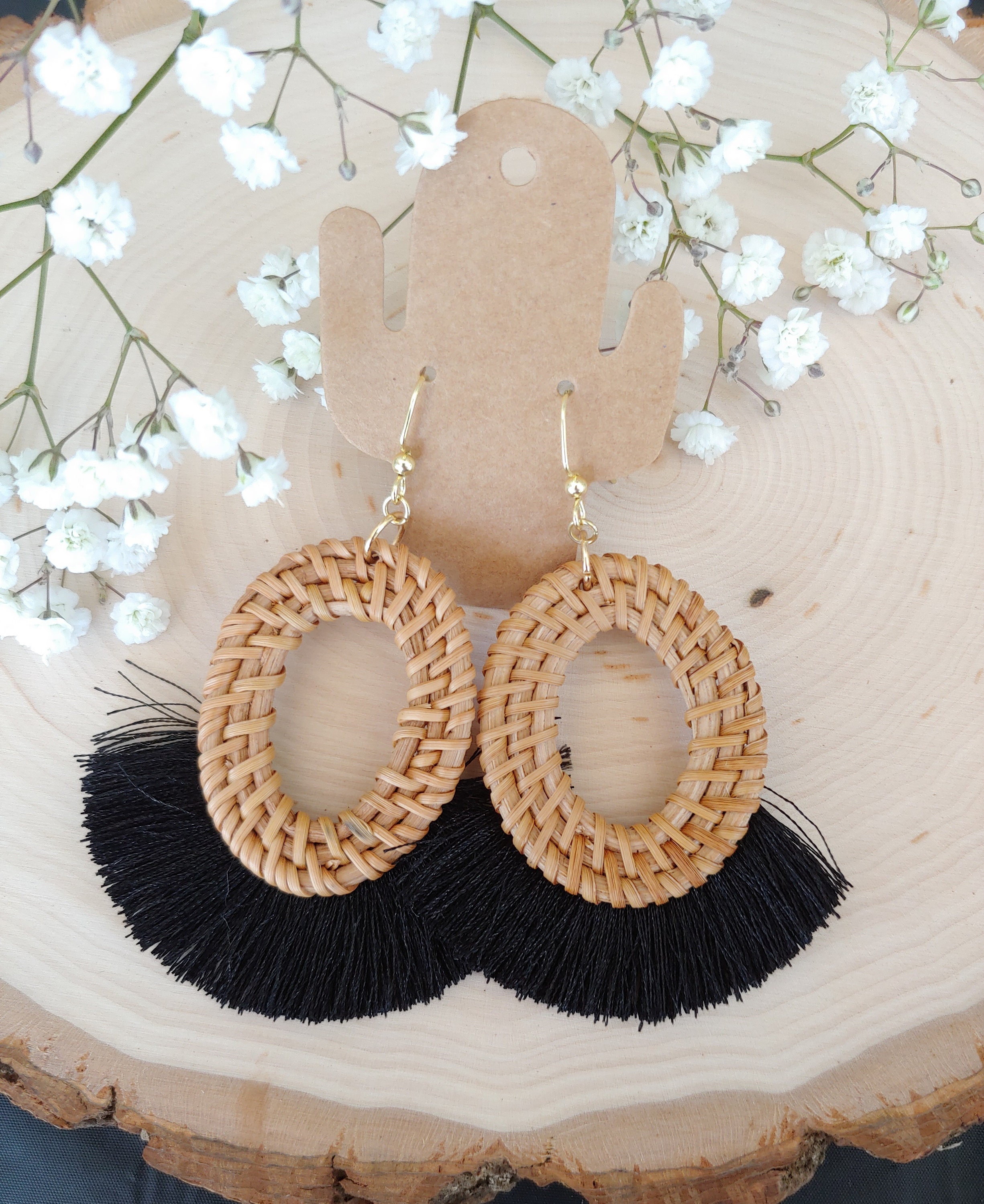 Wicker Earrings, Rattan Earrings, Natural, Woven, Tassel Earrings, Oval