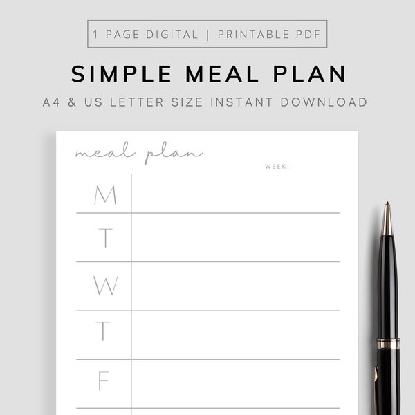 Minimalist Meal Plan| Printable Weekly Meal Planner | Instant Download | Weekly Menu Planner| Meal Prep | Simple Meal Plan