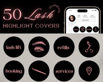 50 copertine Instagram con highlight di Lash Tech rosa/ Highlight di saloni di bellezza/ Copertine Instagram nere e rosa/ Branding Lash Tech/ Modelli Canva