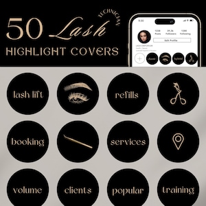 50 Lash Tech Instagram Highlight Covers|Beauty Salon Highlight Icons | Black and Gold Instagram covers | Lash Tech Branding |Canva Templates