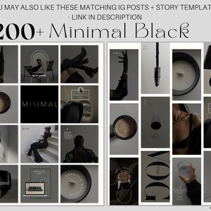 Puede incluir: Una cuadr&iacute;cula de plantillas de publicaciones de Instagram minimalistas en blanco y negro. El texto "200+ Minimal Black" se muestra de forma destacada. Varias im&aacute;genes incluyen una taza de caf&eacute;, una persona con ropa negra y la palabra "ITALIA".