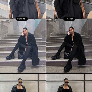 Puede incluir: Una serie de im&aacute;genes que muestran a una mujer con varios atuendos completamente negros. Los atuendos incluyen un abrigo largo, un cuello alto y gafas de sol. Las im&aacute;genes est&aacute;n etiquetadas como "ANTES" y "DESPU&Eacute;S", lo que sugiere una transformaci&oacute;n de estilo o un proceso de edici&oacute;n.