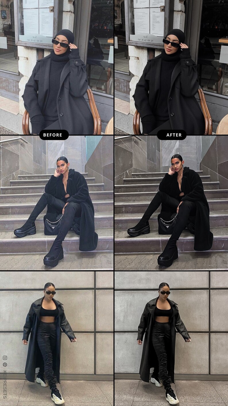 Puede incluir: Una serie de im&aacute;genes que muestran a una mujer con varios atuendos completamente negros. Los atuendos incluyen un abrigo largo, un cuello alto y gafas de sol. Las im&aacute;genes est&aacute;n etiquetadas como "ANTES" y "DESPU&Eacute;S", lo que sugiere una transformaci&oacute;n de estilo o un proceso de edici&oacute;n.