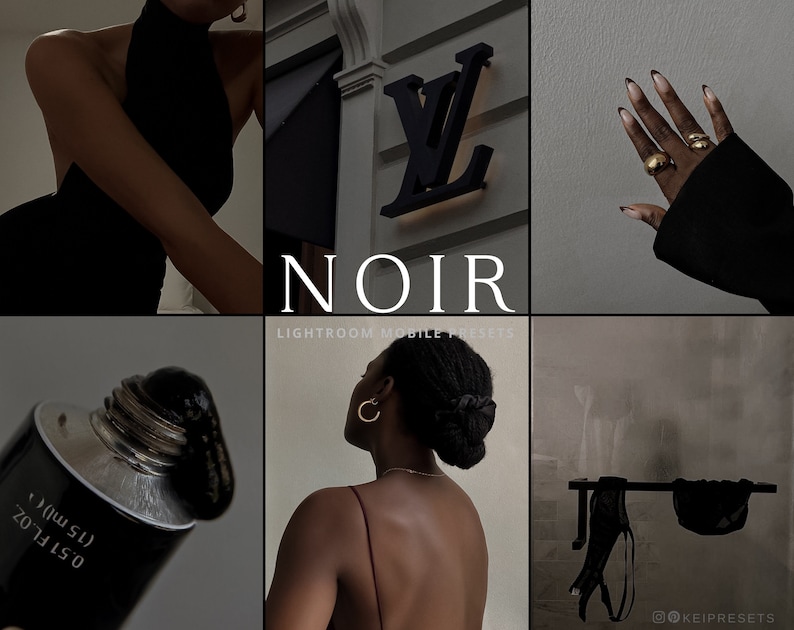 May include: A collage of images with a black and white theme. The word "NOIR" is displayed in the center. Images include a black dress, a Louis Vuitton logo, a hand with black nail polish, a tube of black product, a woman with gold earrings, and lingerie.