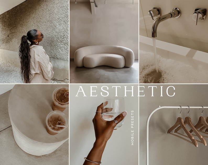 May include: A collage of images featuring a woman in a beige shirt, a white sofa, a glass of water, a cup of coffee, a white table, and a white rack with wooden hangers. The text "AESTHETIC MOBILE PRESETS" is displayed in the center of the collage.