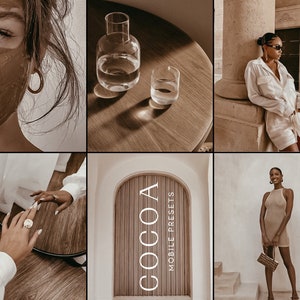 Op de afbeelding: Een collage van afbeeldingen met een vrouw in een wit shirt en shorts, een vrouw in een bruine jurk, een vrouw met een kleimasker op haar gezicht en een glas water op een houten tafel. De tekst "COCOA MOBILE PRESETS" wordt weergegeven op een houten achtergrond.