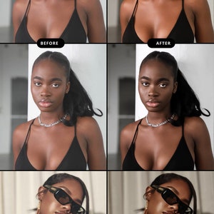 May include: A split image showing a woman with dark hair in a ponytail wearing a black top and silver chain necklace. The top row shows "BEFORE" and "AFTER" images. The bottom row shows the woman wearing sunglasses.