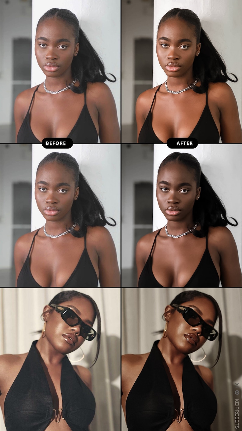 May include: A split image showing a woman with dark hair in a ponytail wearing a black top and silver chain necklace. The top row shows "BEFORE" and "AFTER" images. The bottom row shows the woman wearing sunglasses.
