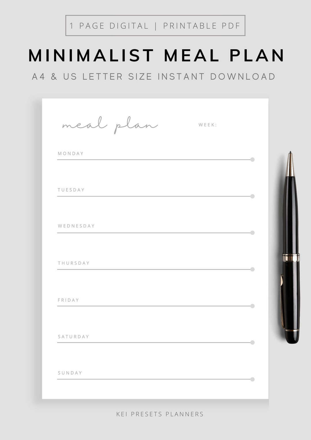 Minimalist Meal Plan| Printable Weekly Meal Planner | Instant Download ...