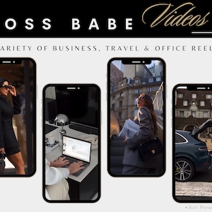 May include: Four phone screens showing different video clips. The first screen shows a woman in a black outfit walking down a street. The second screen shows a person working on a laptop. The third screen shows a woman in a gray suit walking up a set of stairs. The fourth screen shows a blue car parked on a street.