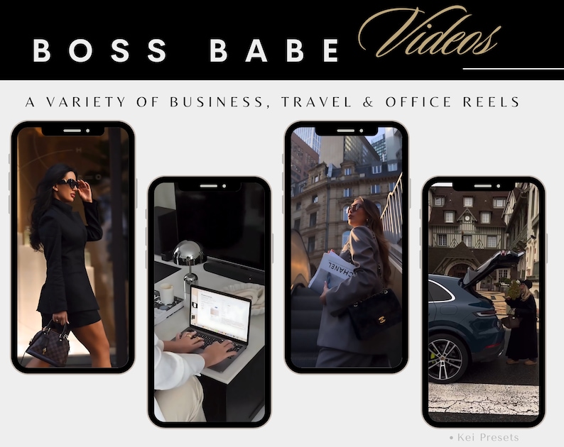 May include: Four phone screens showing different video clips. The first screen shows a woman in a black outfit walking down a street. The second screen shows a person working on a laptop. The third screen shows a woman in a gray suit walking up a set of stairs. The fourth screen shows a blue car parked on a street.