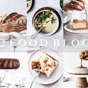 Może przedstawiać: Kolekcja zdjęć kulinarnych przedstawiających różne wypieki, w tym chleb, ciasto czekoladowe, ciasto marchewkowe i sernik. Zdjęcia są stylizowane w minimalistycznym stylu i mają białe tło. Tekst "FOOD BLOG" i "LIGHTROOM MOBILE PRESET" jest wyświetlany w środku obrazu.