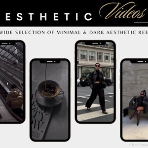 May include: Four different aesthetic video reels displayed on smartphone screens. The reels feature a person walking on a crosswalk, a cup of coffee, a person sitting on a bench, and a person walking up an escalator.