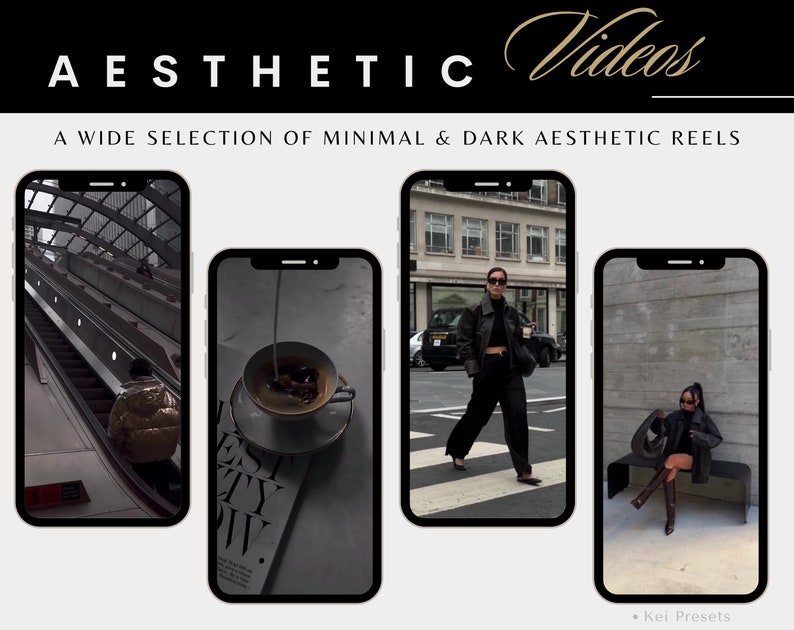 May include: Four different aesthetic video reels displayed on smartphone screens. The reels feature a person walking on a crosswalk, a cup of coffee, a person sitting on a bench, and a person walking up an escalator.