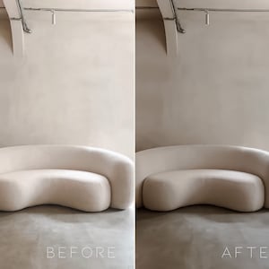 May include: A before and after image showing the difference in lighting and color correction. The image shows a white curved sofa in a room with a beige wall. The sofa is in the same position in both images. The image on the left is labeled "BEFORE" and the image on the right is labeled "AFTER".