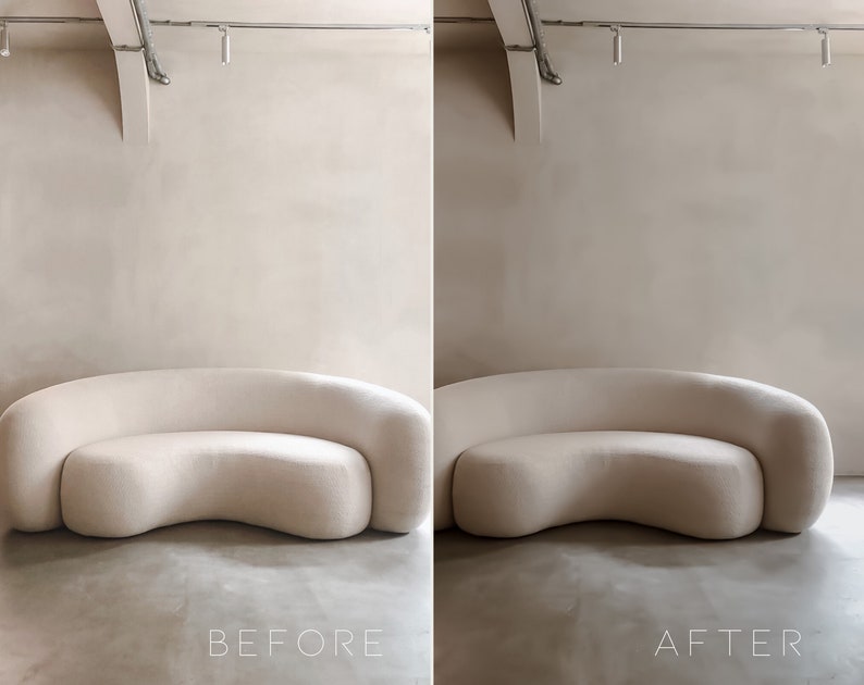 May include: A before and after image showing the difference in lighting and color correction. The image shows a white curved sofa in a room with a beige wall. The sofa is in the same position in both images. The image on the left is labeled "BEFORE" and the image on the right is labeled "AFTER".
