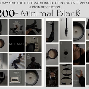 May include: A grid of minimalist black and white Instagram post templates. The text "200+ Minimal Black" is displayed prominently. Various images include a coffee cup, a person in black clothing, and the word "ITALIA".