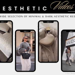 May include: Four images of different aesthetic video reels. The first image shows a white fuzzy texture. The second image shows a woman wearing a grey sweater and white pants, standing in front of a building. The third image shows a beige handbag with a heart shape. The fourth image shows a woman wearing a grey outfit, walking in front of a building with a Gucci sign.