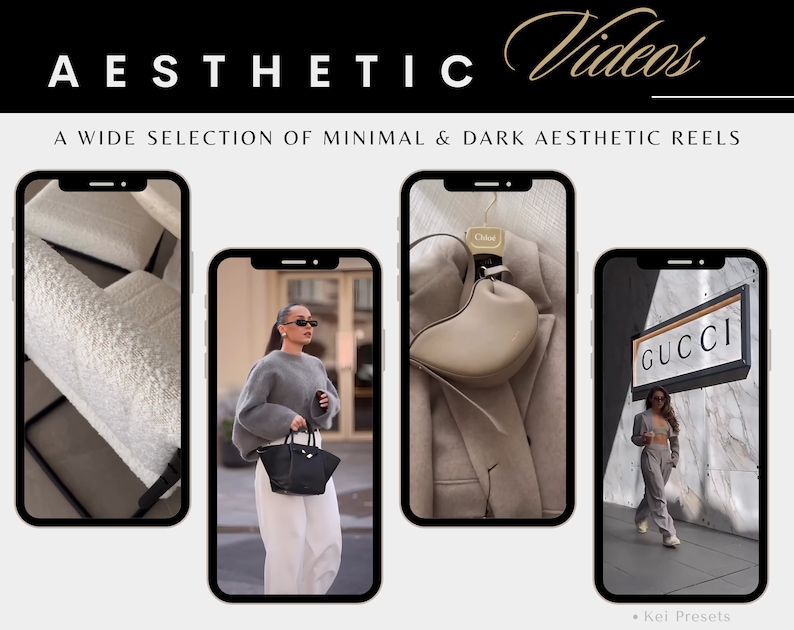 May include: Four images of different aesthetic video reels. The first image shows a white fuzzy texture. The second image shows a woman wearing a grey sweater and white pants, standing in front of a building. The third image shows a beige handbag with a heart shape. The fourth image shows a woman wearing a grey outfit, walking in front of a building with a Gucci sign.