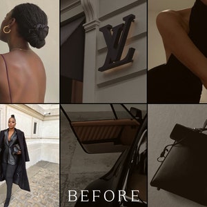 May include: A collage of images featuring luxury fashion and lifestyle elements. Includes a woman with a bun and gold hoop earrings, a black Louis Vuitton sign, a black dress, a woman in a black outfit, a car interior, and a black handbag.