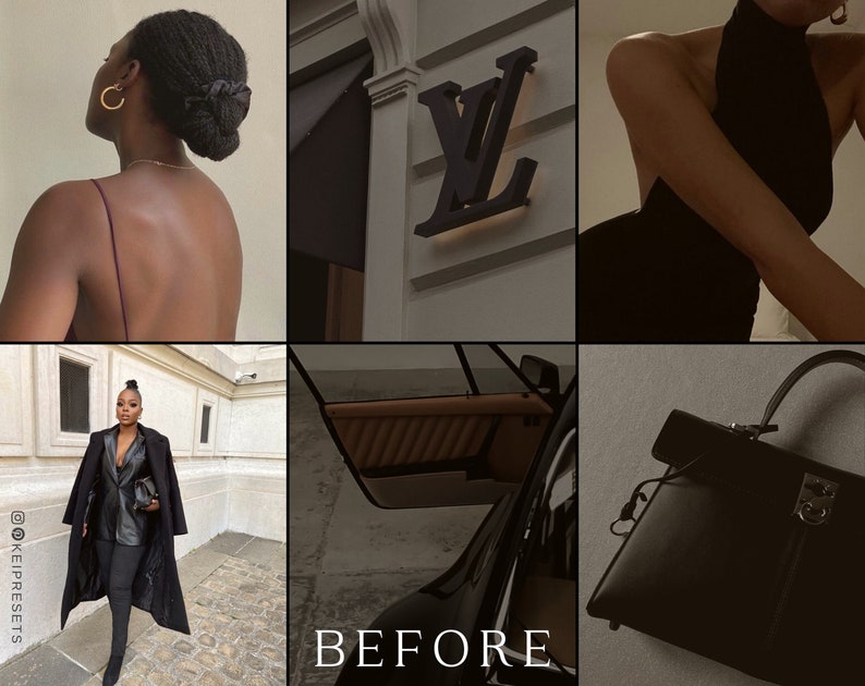 May include: A collage of images featuring luxury fashion and lifestyle elements. Includes a woman with a bun and gold hoop earrings, a black Louis Vuitton sign, a black dress, a woman in a black outfit, a car interior, and a black handbag.