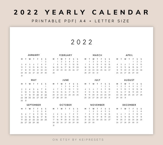 2022 yearly calendar printable pdf a4 yearly wall calendar etsy canada