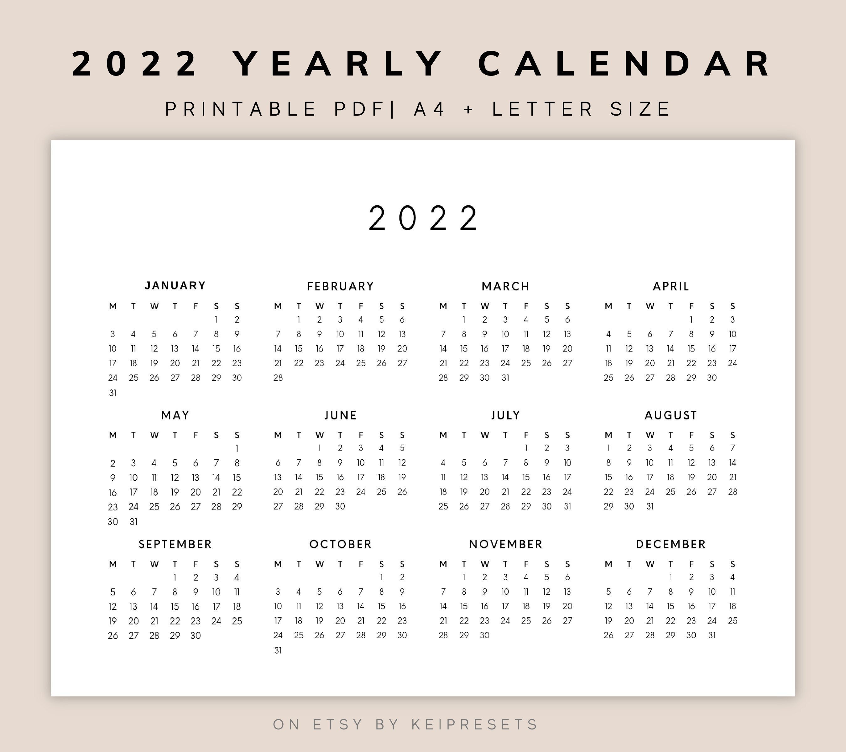 2022 Yearly Calendar Printable PDF A4 Yearly Wall Calendar - Etsy