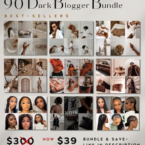 May include: A collage of nine images featuring dark aesthetic mobile presets for bloggers. The images showcase various themes, including cocoa, toffee, noir, melanin, almond, brown, and facebeat. The text "90 Dark Blogger Bundle" and "Best Sellers" is displayed at the top of the collage. The text "$300" with a red line through it and "NOW $39" is displayed at the bottom of the collage. The text "BUNDLE & SAVE - LINK IN DESCRIPTION" is also displayed at the bottom of the collage.
