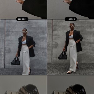 May include: The image shows a before-and-after comparison of a fashion-forward outfit. The outfit includes a black blazer, white pants, and a black handbag. The image also shows a close-up of a black tube with the text "0.51 FL.OZ. (15 ml)".