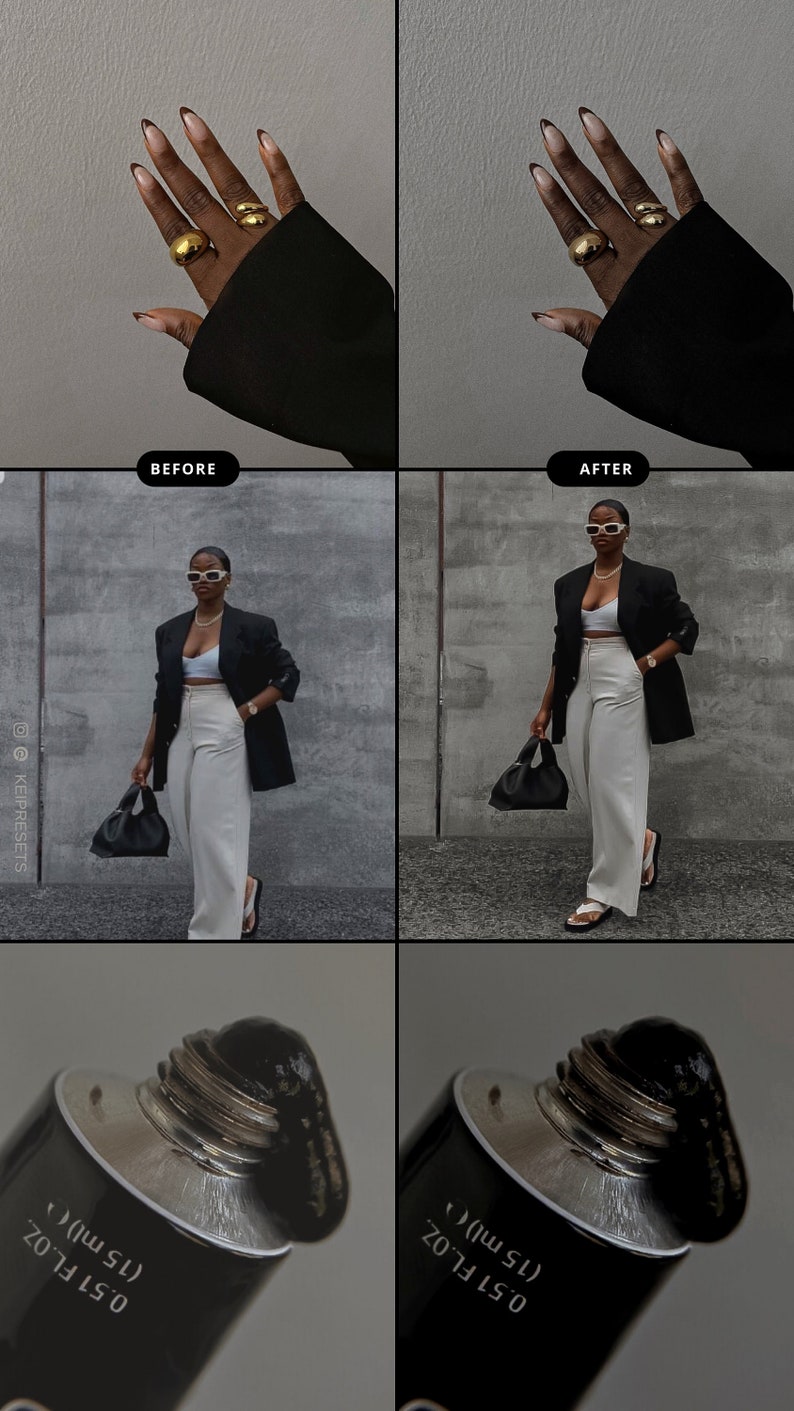 May include: The image shows a before-and-after comparison of a fashion-forward outfit. The outfit includes a black blazer, white pants, and a black handbag. The image also shows a close-up of a black tube with the text "0.51 FL.OZ. (15 ml)".