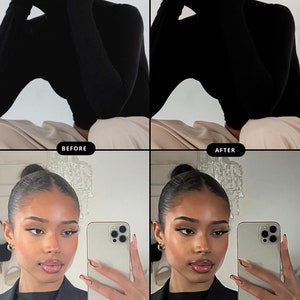 May include: Image showcasing a before-and-after comparison. The top row features a person in a black turtleneck. The bottom row shows the same person in a black blazer, holding a phone. The image is a beauty and style theme.