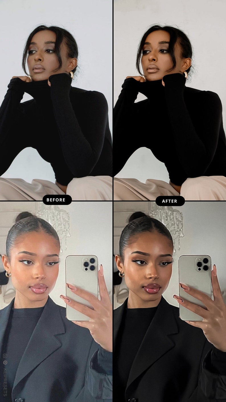 May include: Image showcasing a before-and-after comparison. The top row features a person in a black turtleneck. The bottom row shows the same person in a black blazer, holding a phone. The image is a beauty and style theme.