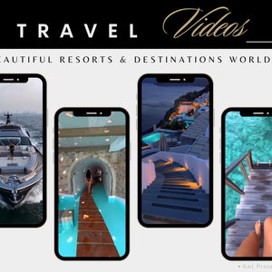 May include: Four images of different travel destinations. The first image shows a luxury yacht on the water. The second image shows a woman walking on a wooden walkway over a blue pool. The third image shows a set of stairs leading up to a white building with a pool in the background. The fourth image shows a person's legs and feet on a wooden walkway over a turquoise body of water.